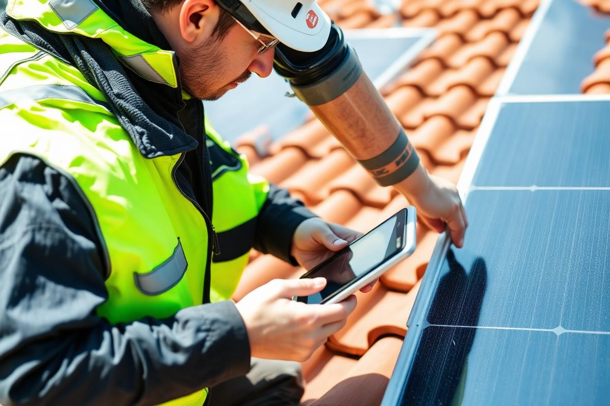 Solar-Techniker bei der Installation auf einem Ziegeldach